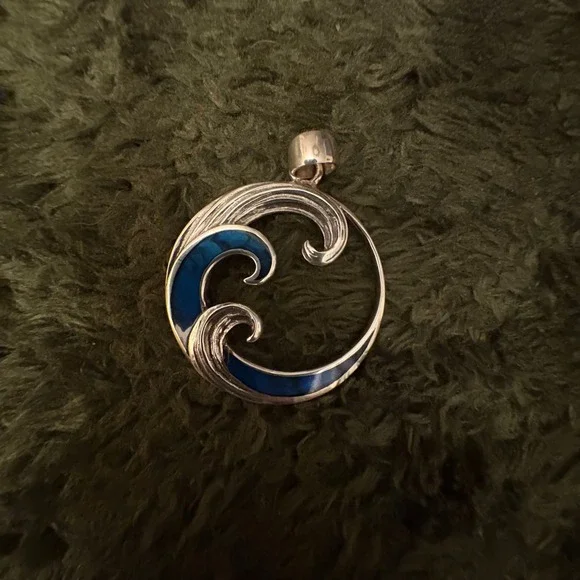 .925 Sterling Silver Wave Pendant Blue Inlay Ocean‎ Wave Nautical
